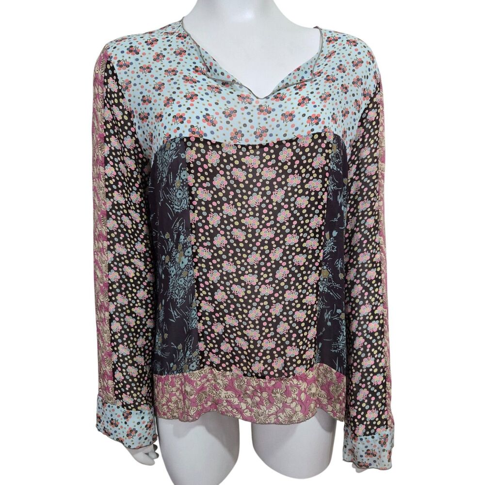 Johnny Was Size S Silk Flowy Semi sheer V-Neck Blouse Patchwork Floral Boho EUC